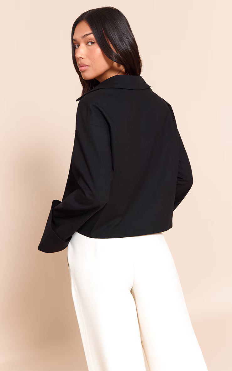 Linen Look Tie Front Structured Shirt