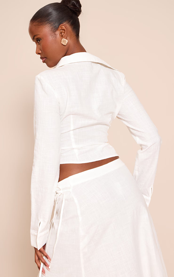 White Linen Look Twist Plunge Shirt