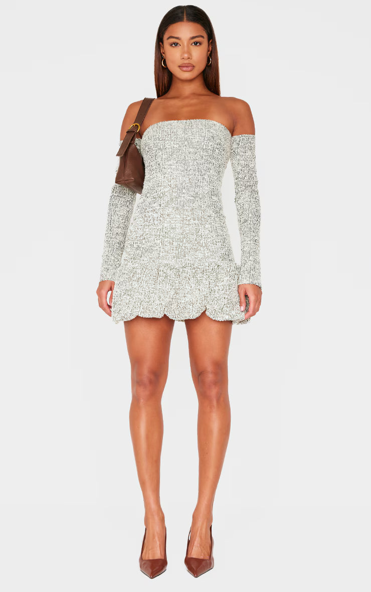 Khaki Bardot Boucle Puffball Mini Dress