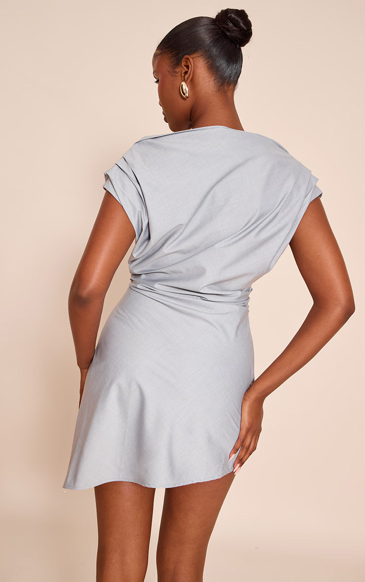 Blue Woven Tailored Boxy Cinched Waist Mini Dress