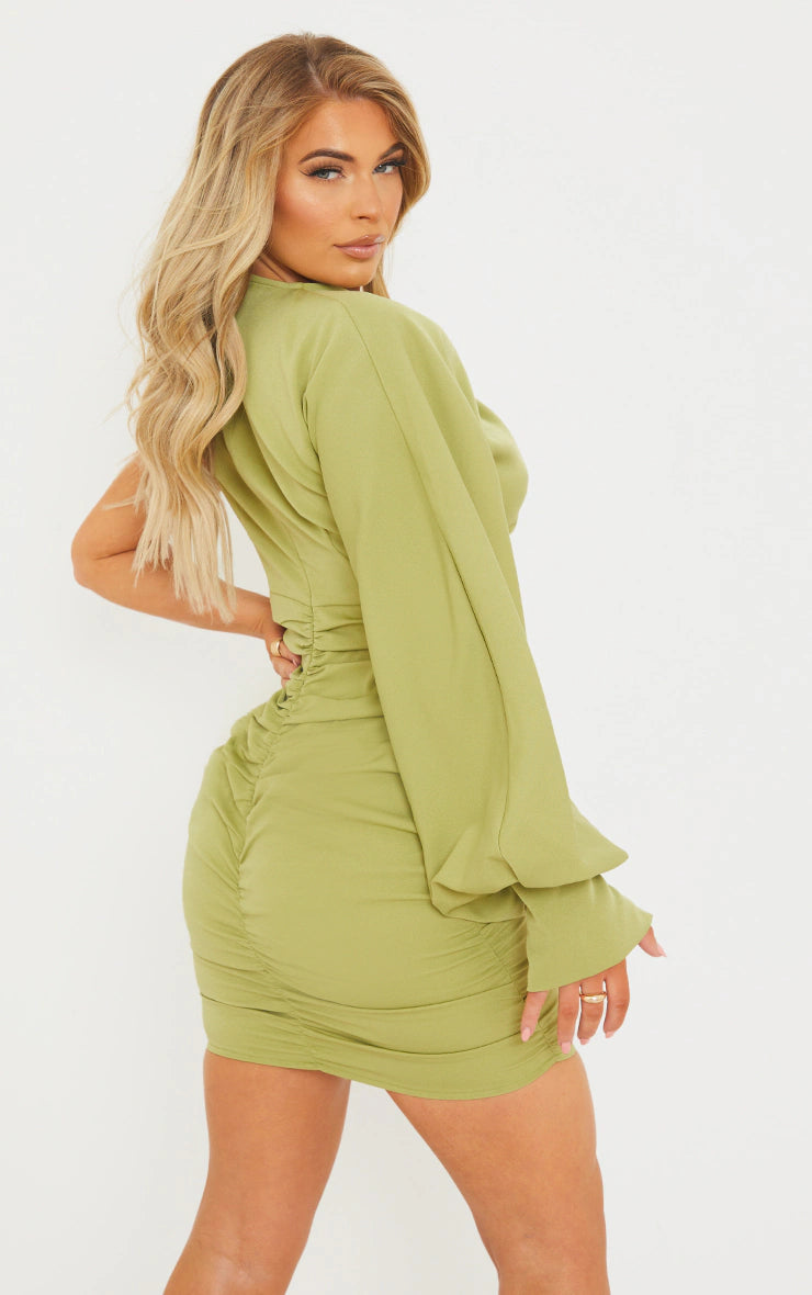 Sage Green One Sleeve Ruched Woven Bodycon Dress