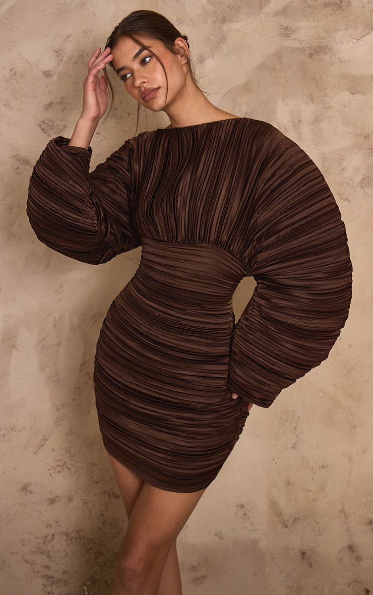 PLT Label Dark Chocolate Plisse Satin Batwing Long Sleeve Bodycon Dress