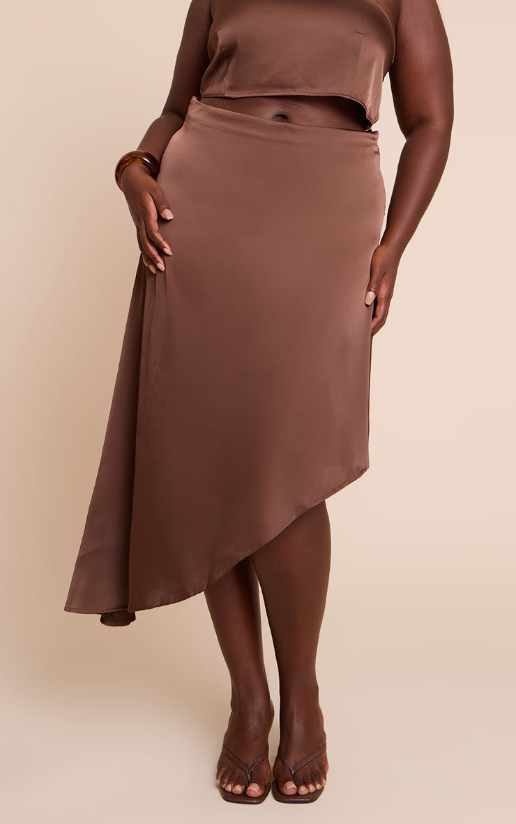 Plus Dark Brown Printed Satin Asymmetric Midi Skirt