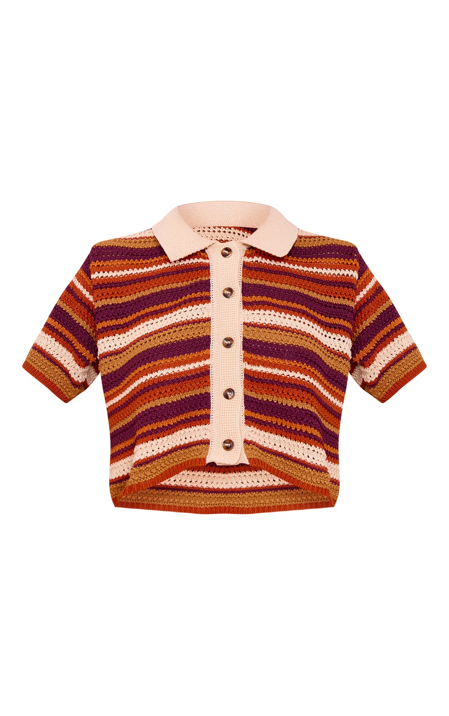 Multi Crochet Stripe Knit Polo Top