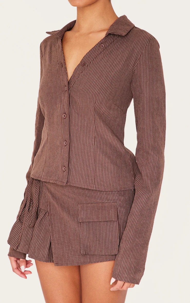 Dark Brown Peach Skin Pinstripe Woven Long Sleeve Cargo Shirt