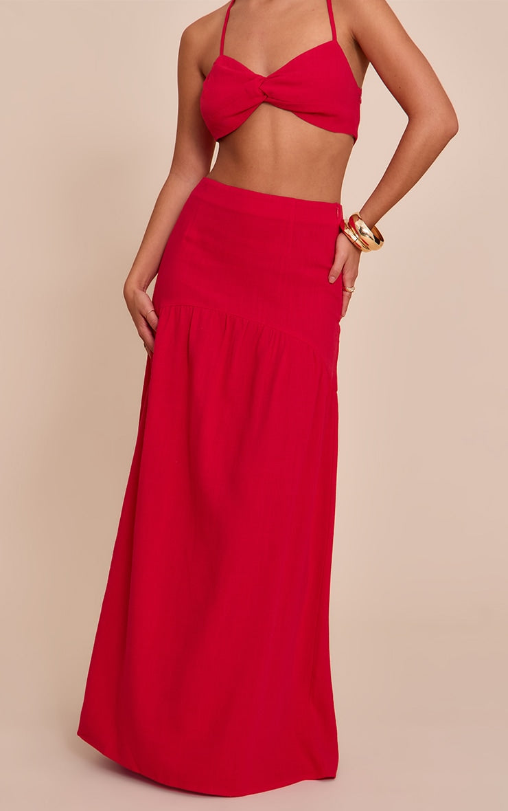 Tomato Red Seam Detail Floaty Linen Maxi Skirt