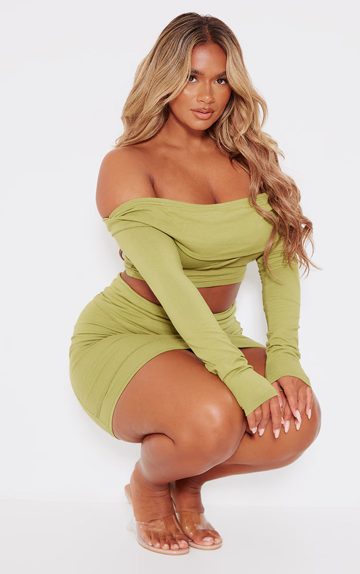 Shape Olive Bardot Seam Detail Foldover Crop Top