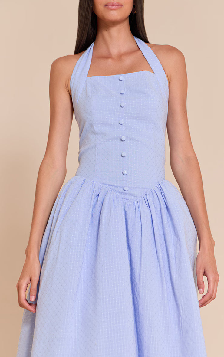 Baby Blue Embroidered Cotton Halterneck Midaxi Dress