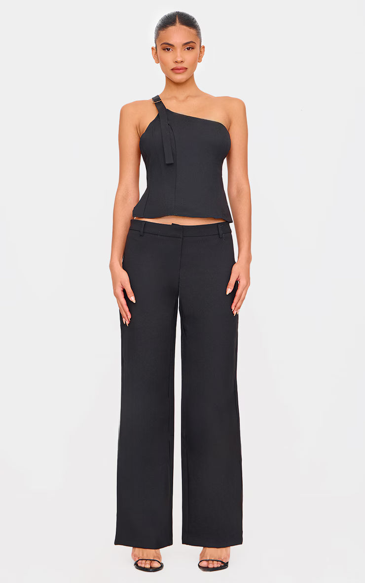 Black Woven Tailored Wide Leg Belt Detail Pants