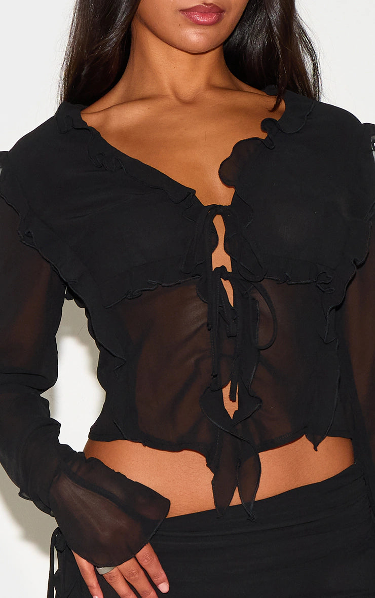 Black Chiffon Ruffle Tie Front Blouse