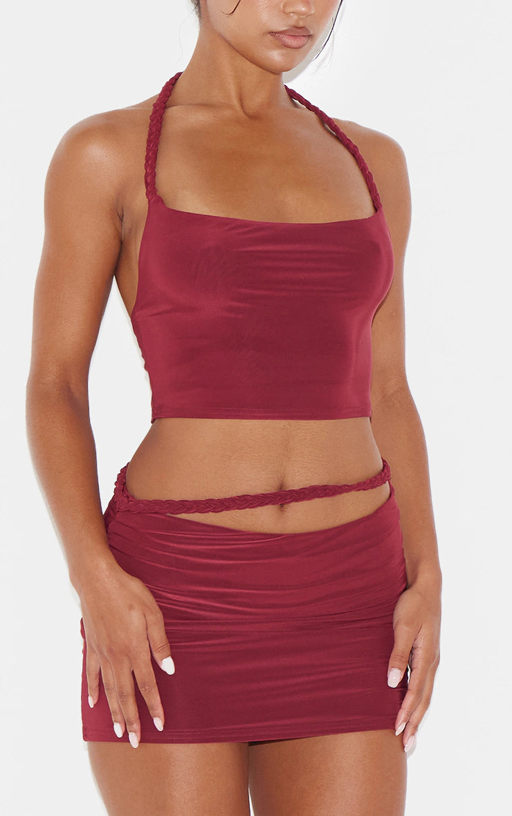 Burgundy Slinky Braided Front Micro Mini Skirt