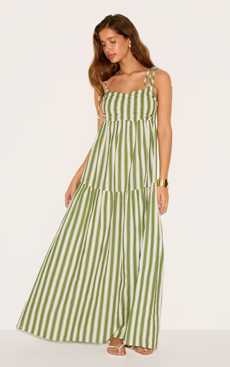 Green Striped Strappy Low Back Maxi Dress