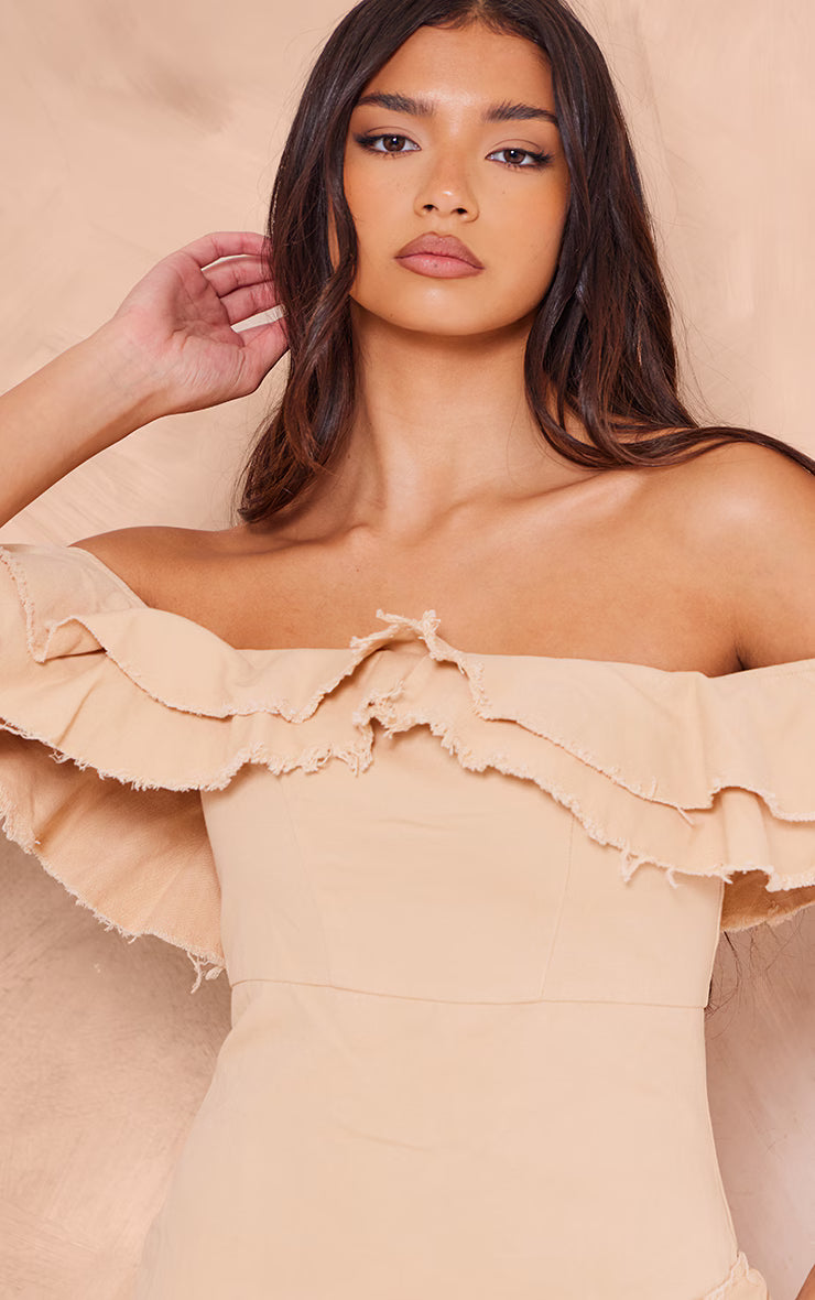 Cream Twill Bardot Frayed Edge Tiered Shift Dress