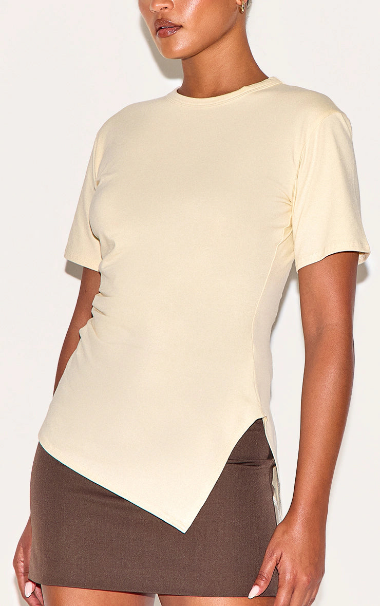 Butter Yellow Cotton Ruched Side Asymmetric Hem T-shirt