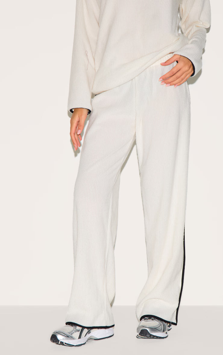 Cream Soft Rib Straight Leg Pants