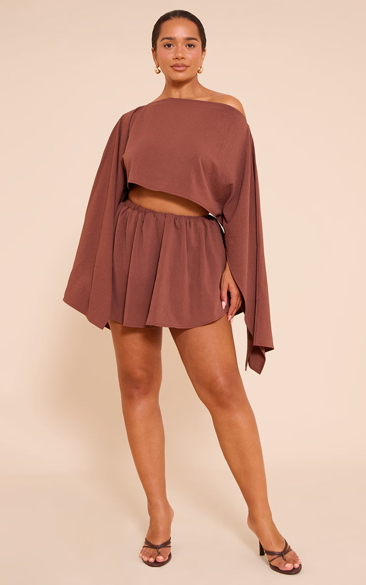 Shape Chocolate Hammered Satin Boat Neck Cape Top
