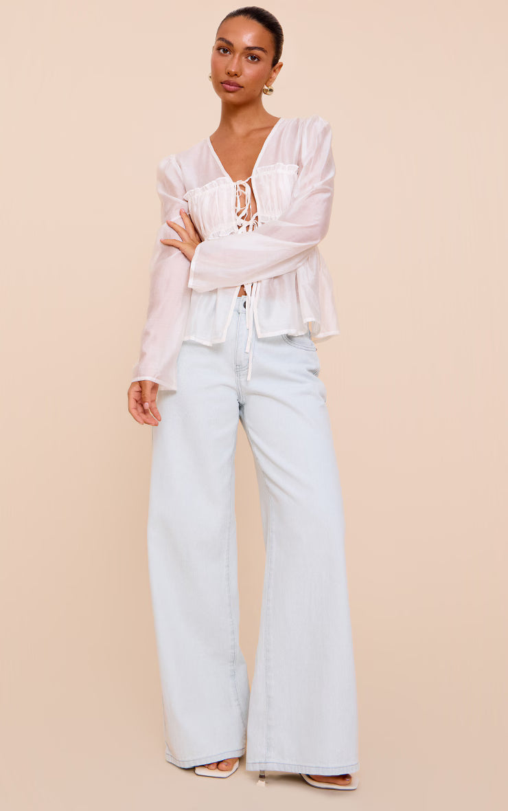 Cream Chiffon Tie Front Ruched Blouse