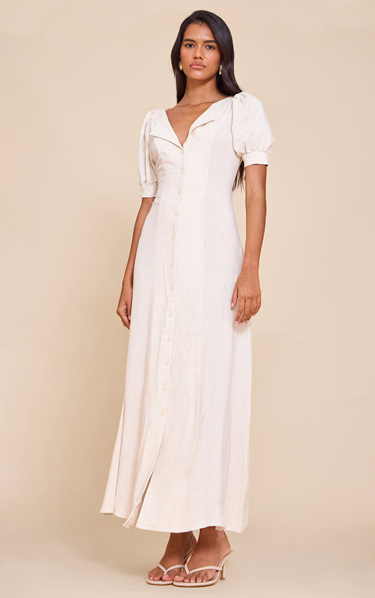 Natural Linen Look Button Puff Sleeve Midaxi Dress