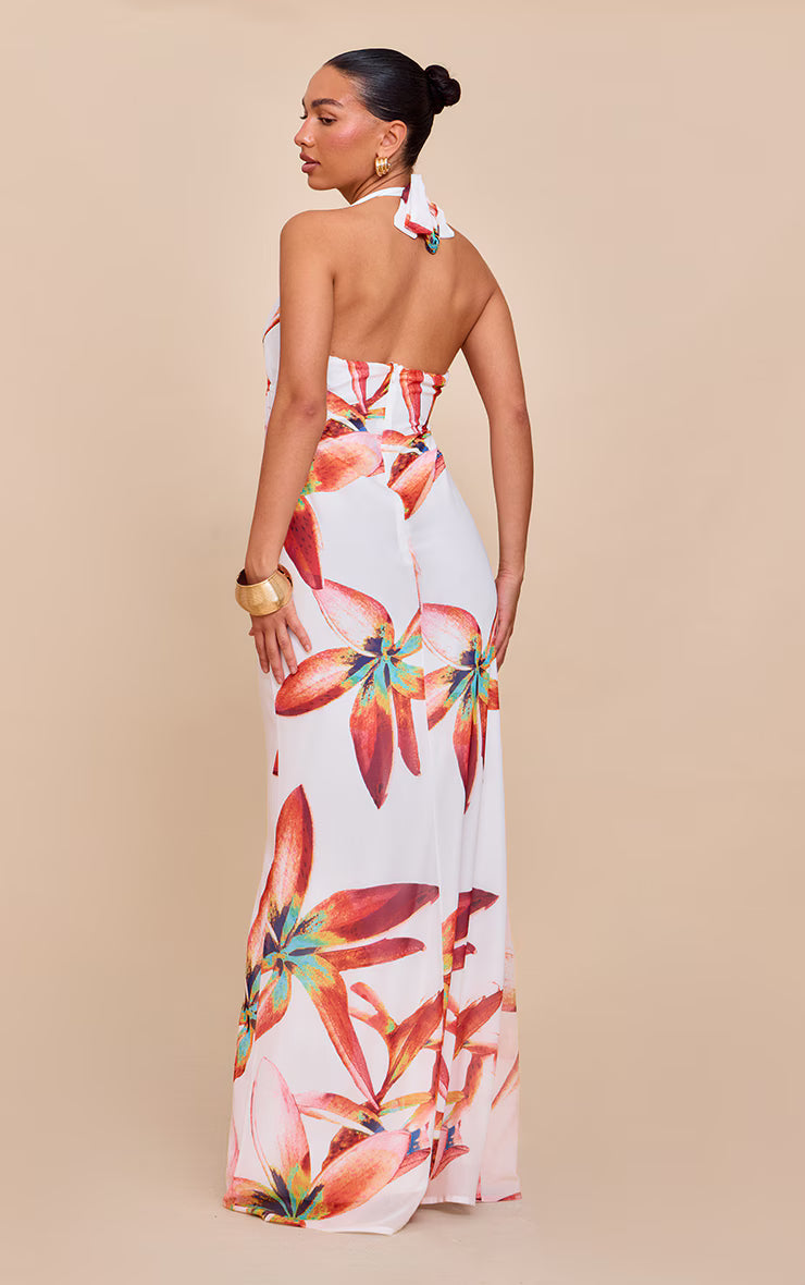 Cream Printed Plunge Tie Detail Maxi Dress