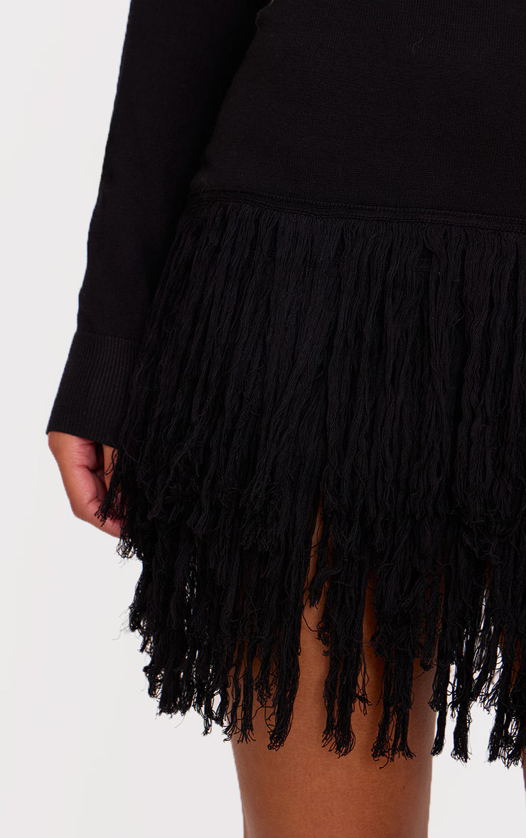 Black Fine Knit Fringe Hem Long Sleeve Micro Mini Dress