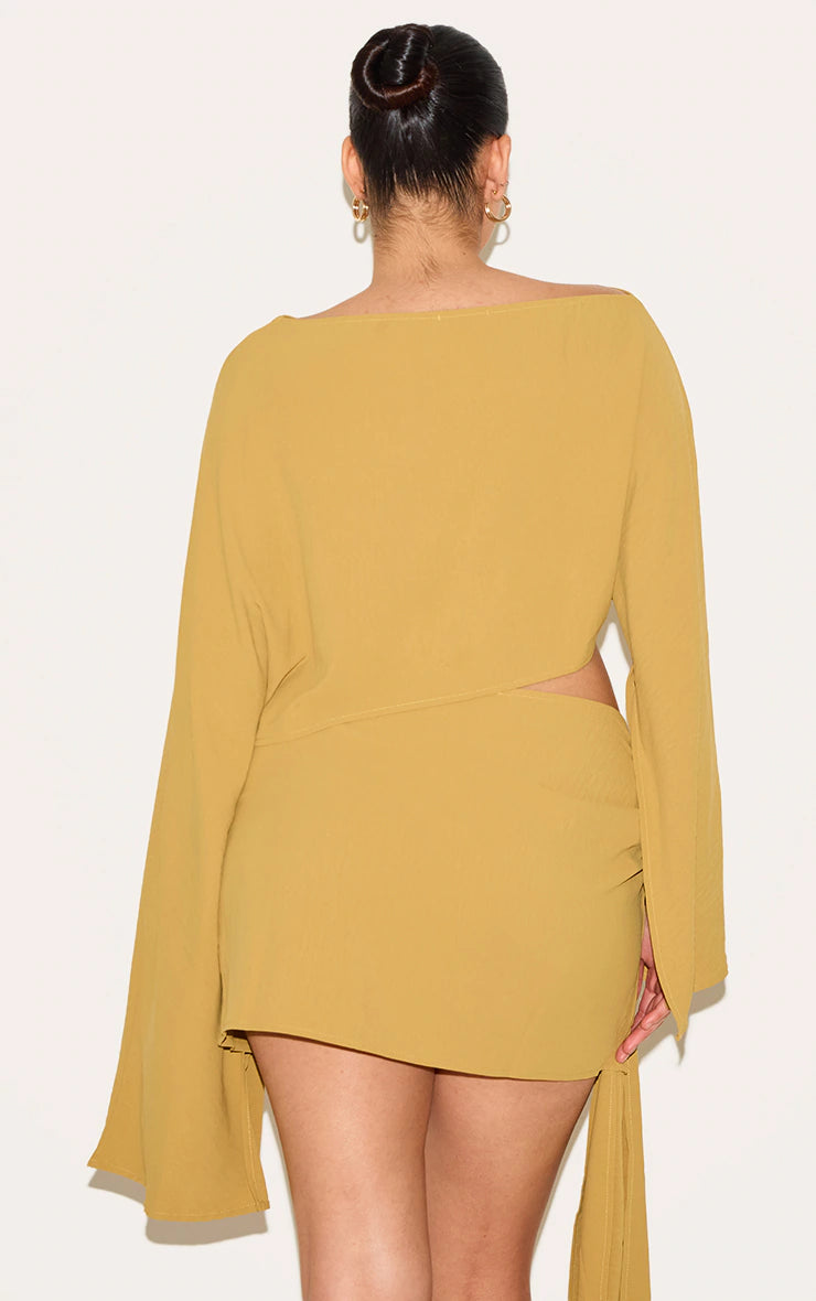 Plus Deep Mustard Floaty Woven Slash Neck Long Sleeve Top