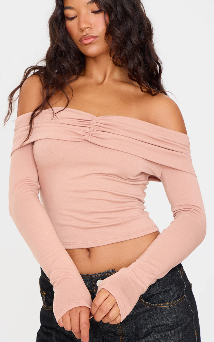 Stone Contour Jersey Ruched Foldover Bardot Crop Top