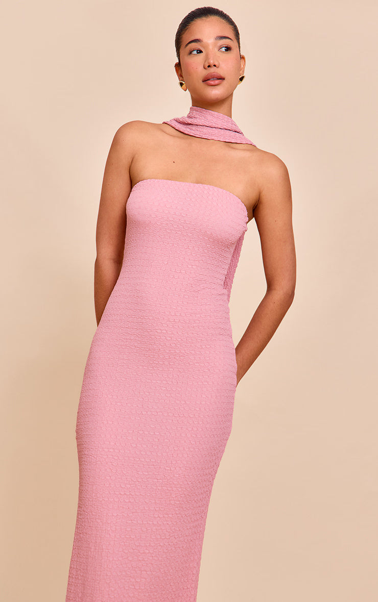 Pink Textured Scarf Detail Bodycon Dress
