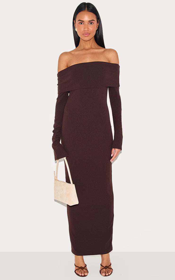 Chocolate Crepe Long Sleeve Bardot Maxi Dress