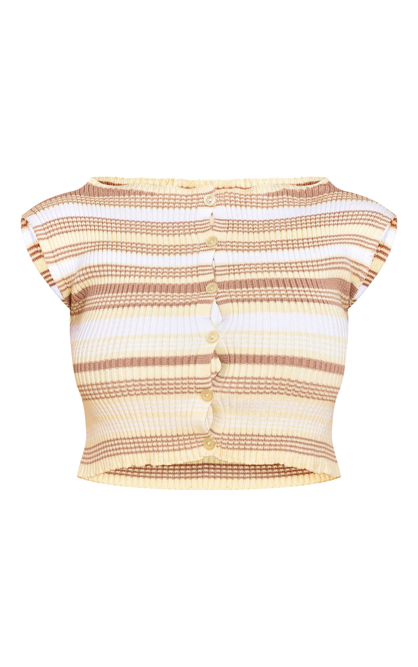 Shape Butter Yellow Knitted Stripped Button Front Boat Neck Top