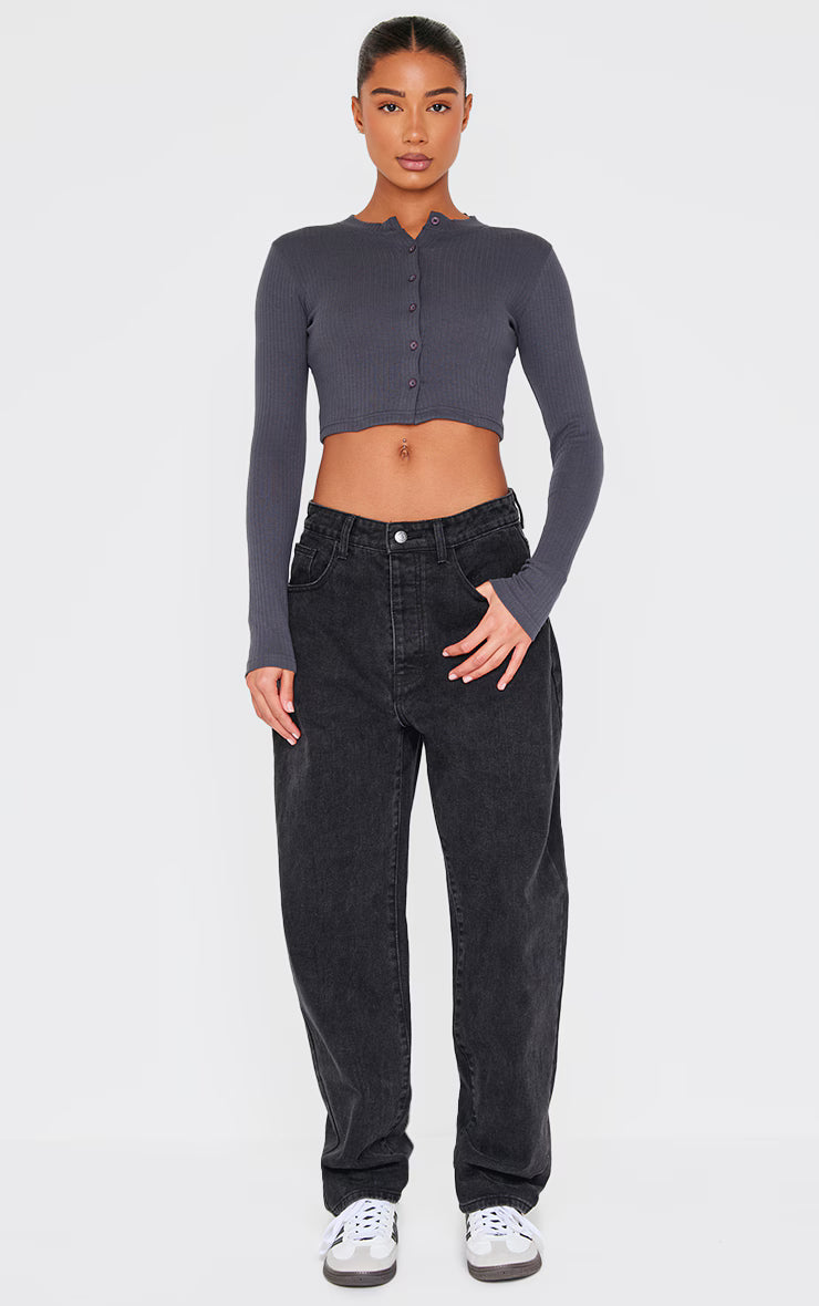 Charcoal Ribbed Button Down Detail Long Sleeve Top