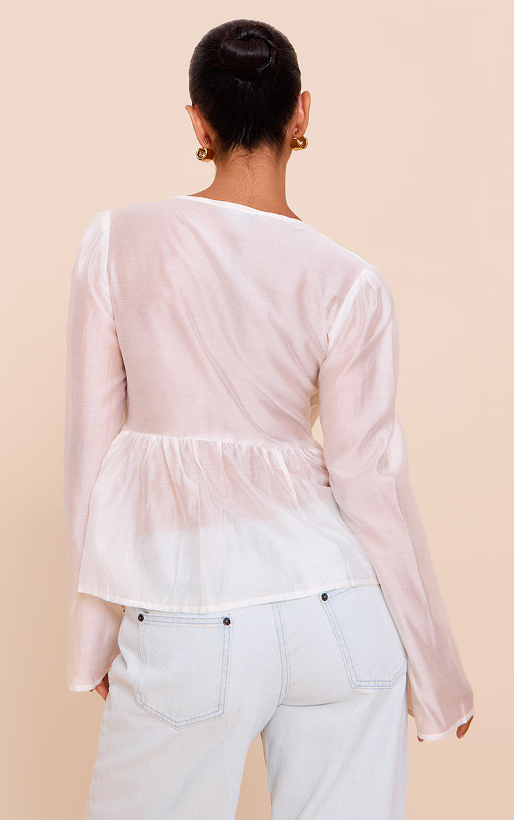 Cream Chiffon Tie Front Ruched Blouse