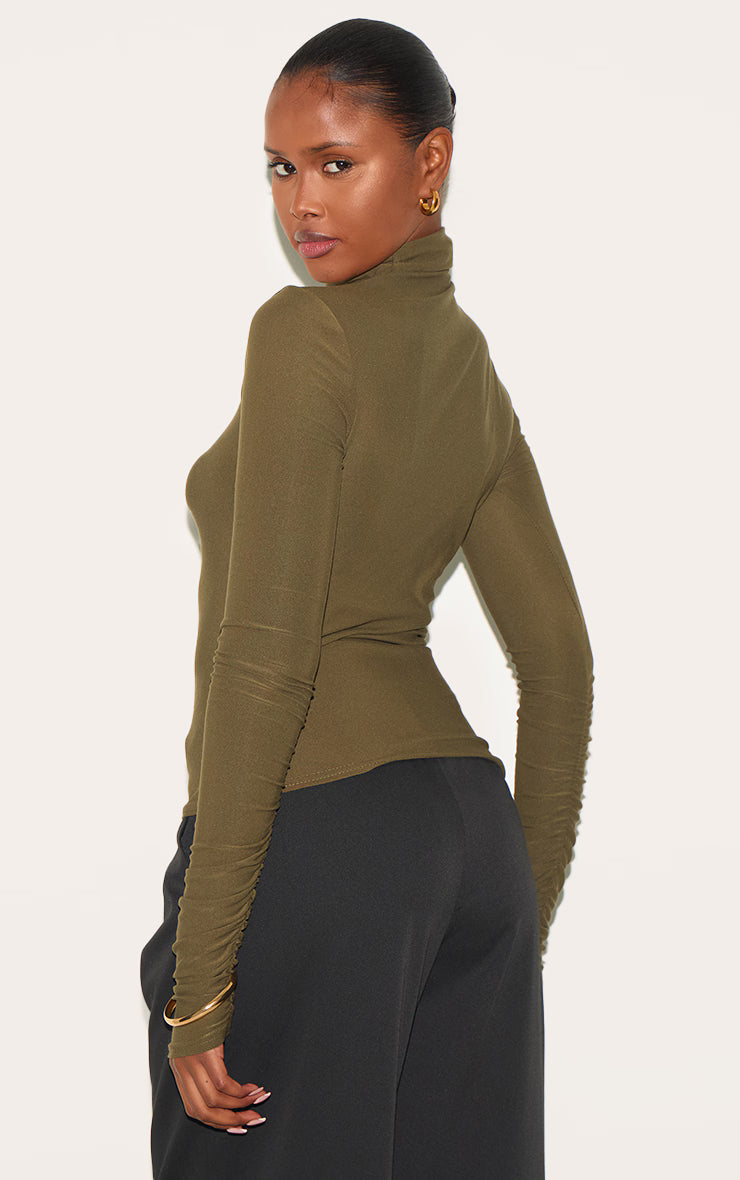 Khaki Soft Touch High Neck Ruched Sleeve Top