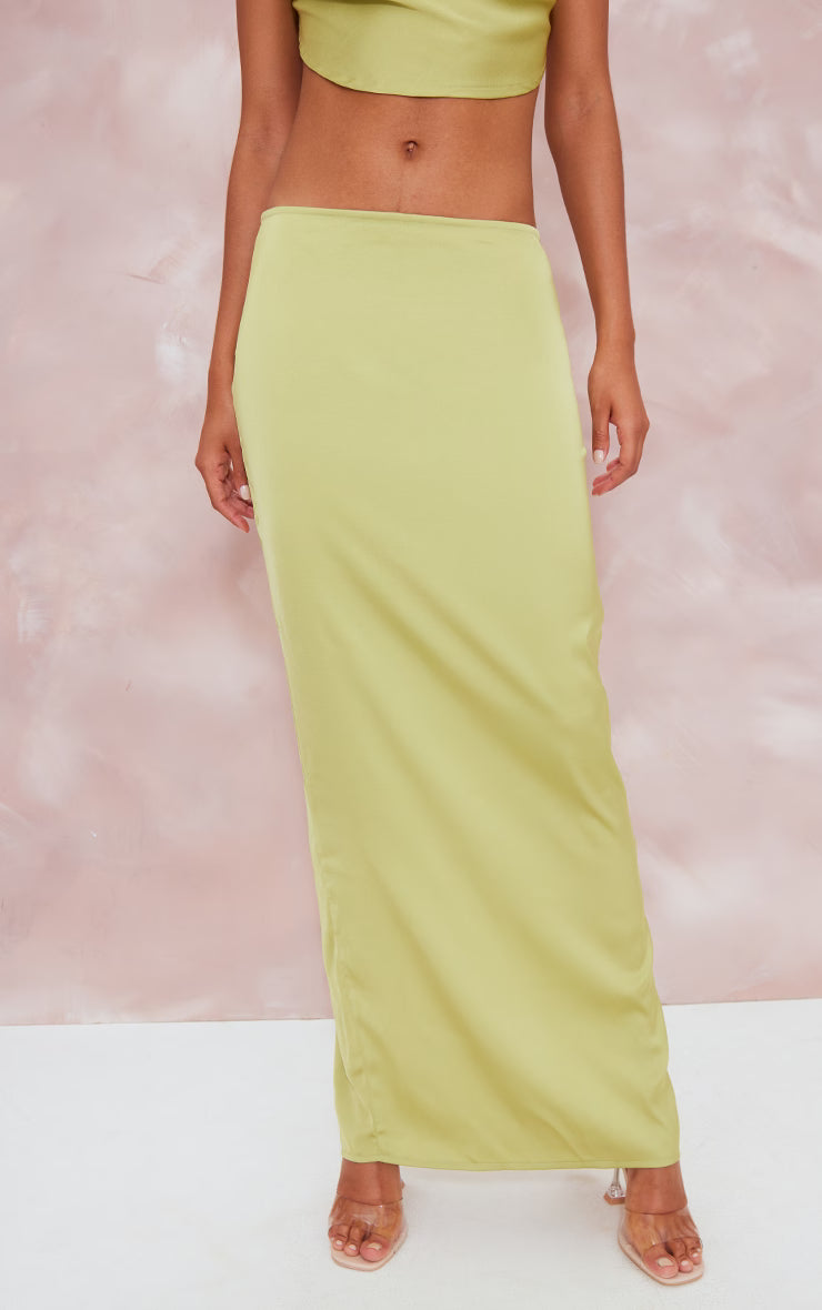 Chartreuse Satin Mid Rise Maxi Skirt