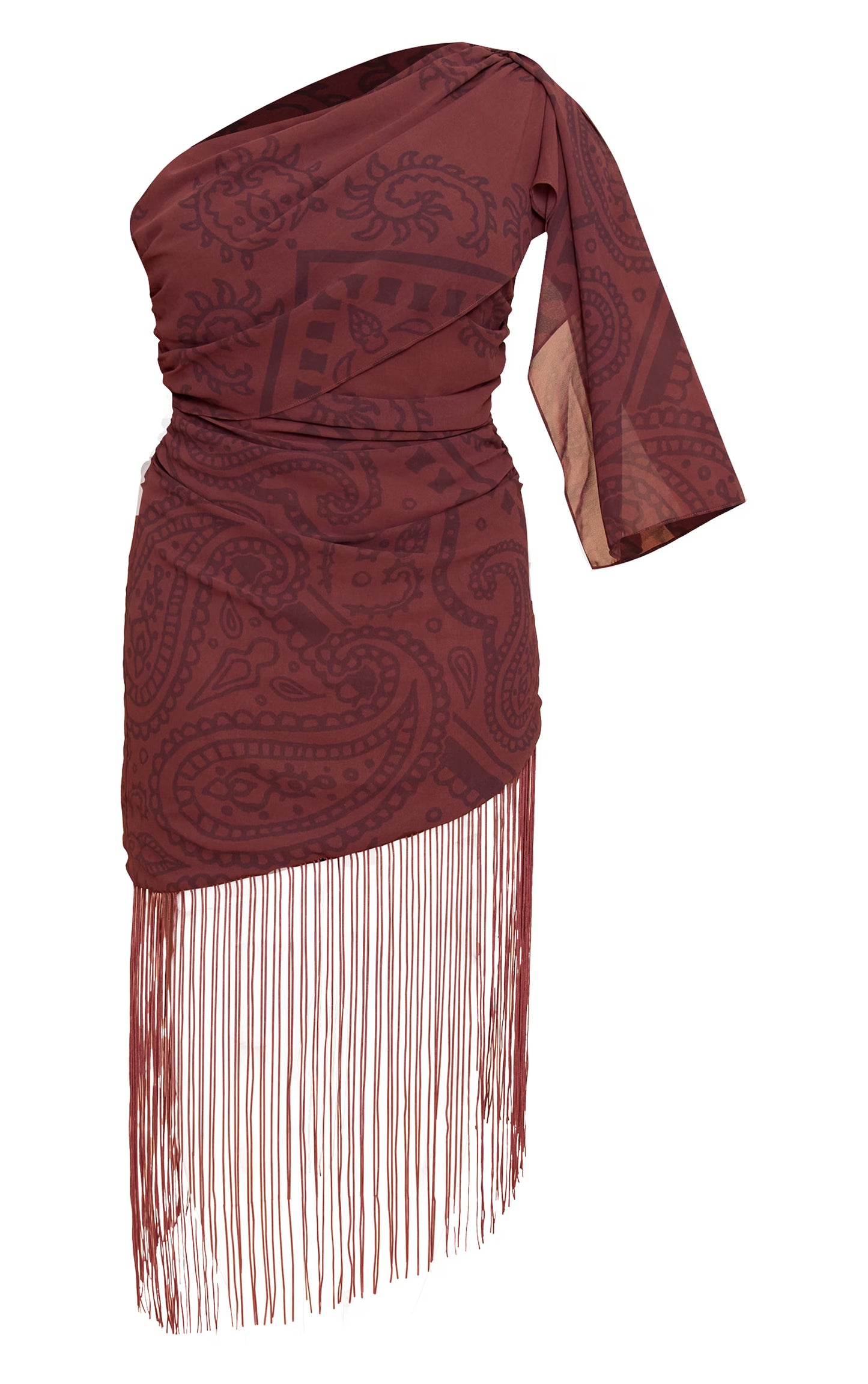 Shape Chocolate Paisely Print Fringe Hem One Shoulder Mini Dress
