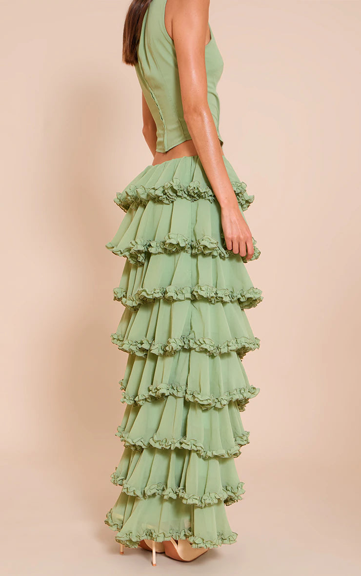 Sage Chiffon Tiered Frill Maxi Skirt