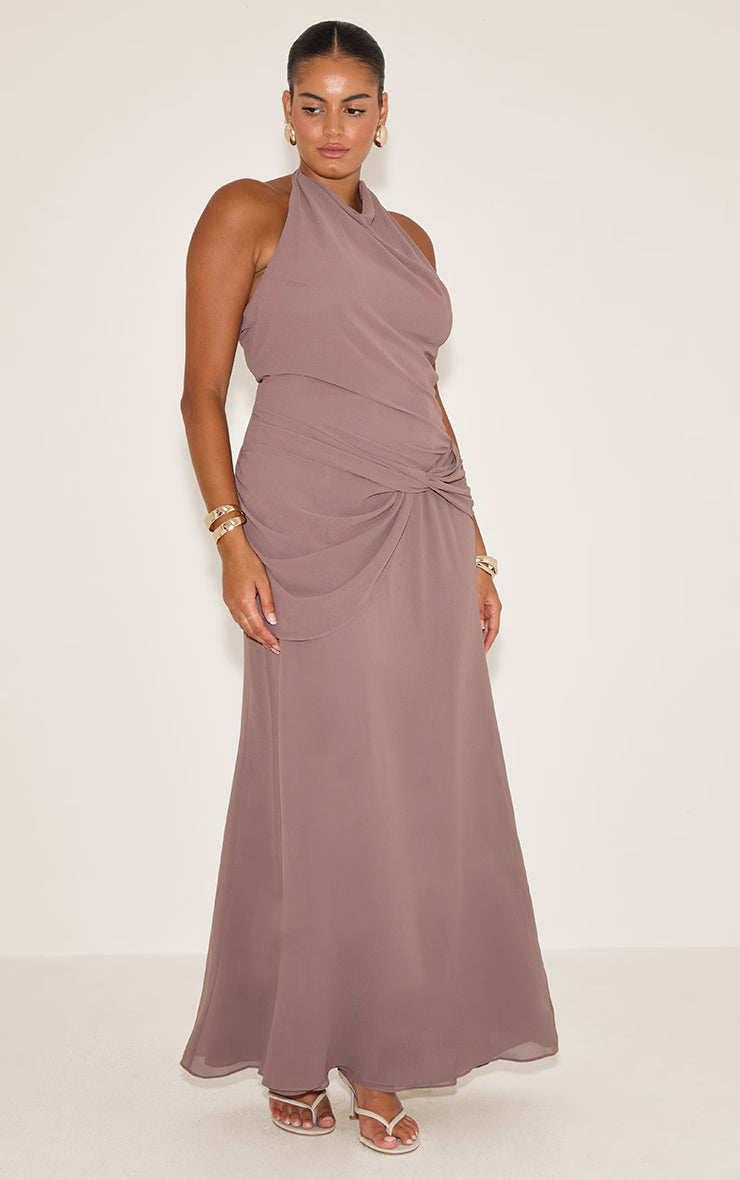 Plus Mushroom Chiffon Twist Detail Maxi Dress
