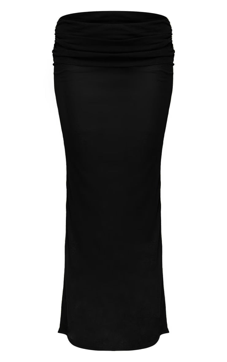 Black Sheer Burnout Mesh Fold Over Hem Low Rise Maxi Skirt