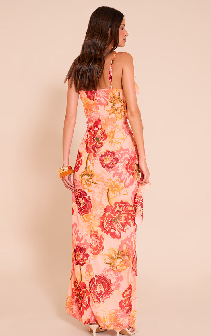 Pink Floral Printed Chiffon Strappy Frill Detail Maxi Dress