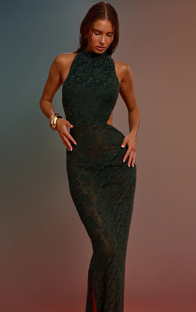 Sea Green Textured Knit High Neck Beach Maxi Dress