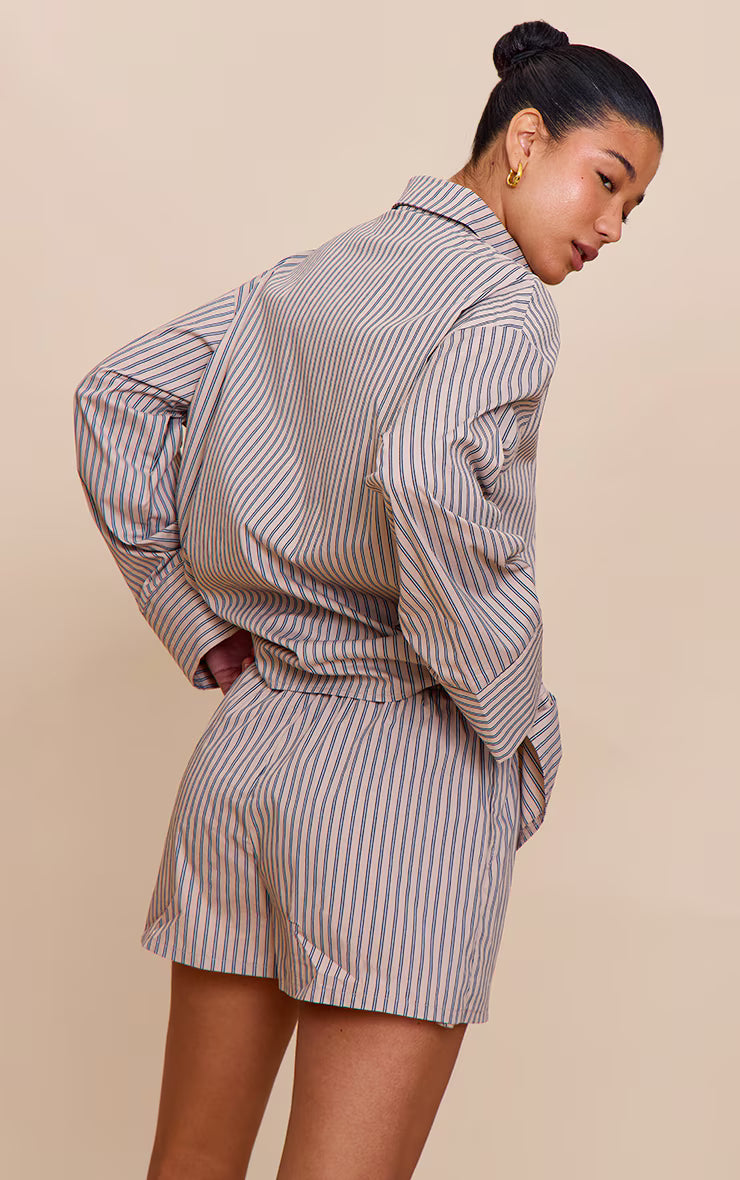 Stone Woven Pinstripe Balloon Sleeve Oversized Shirt