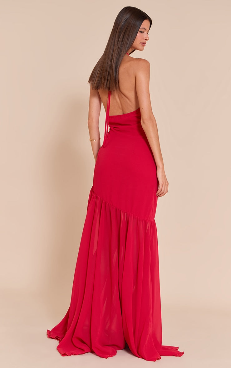 Red Chiffon Halterneck Dropped Waist Maxi Dress