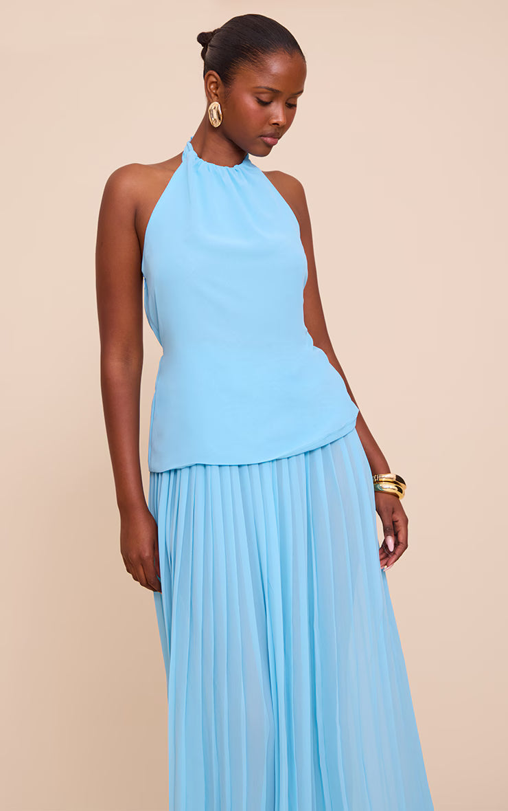 Sky Blue Overlay Pleated Skirt Maxi Dress