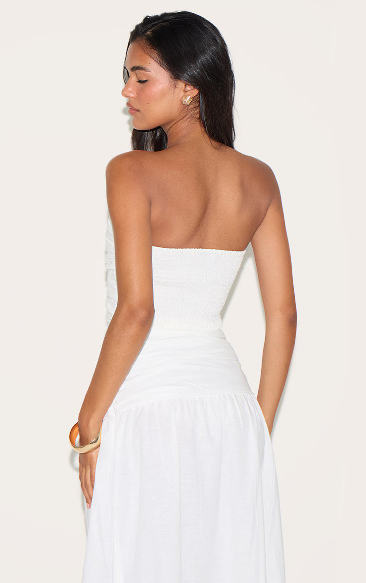 White Cotton Poplin Ruched Front Bandeau Top