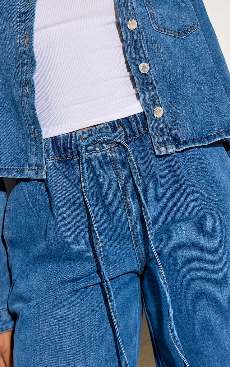 Mid Blue Relaxed Tie Waistband Wide Leg Jeans