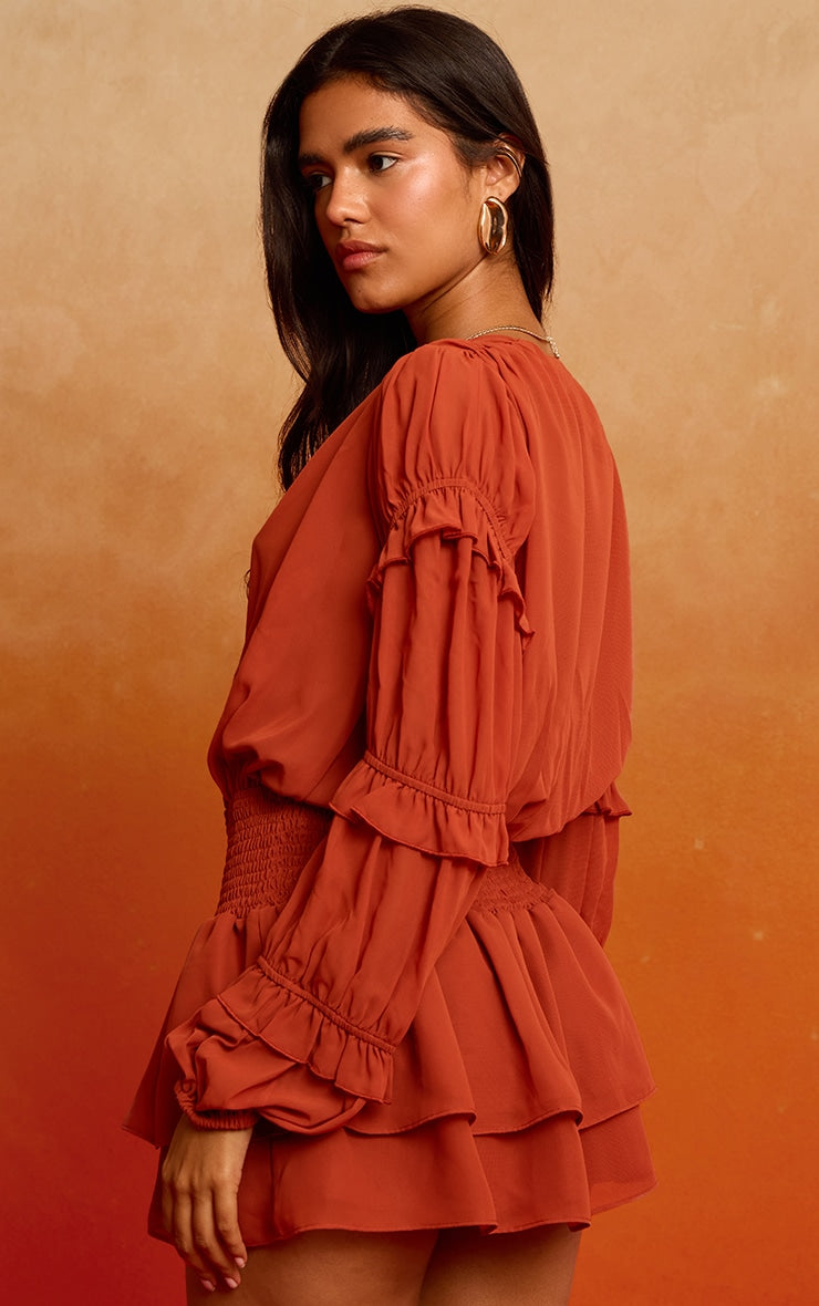 Rust Chiffon Ruched Ruffle Mini Dress