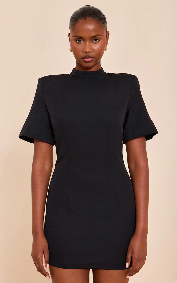 Black Woven Cinched Backless Mini Dress