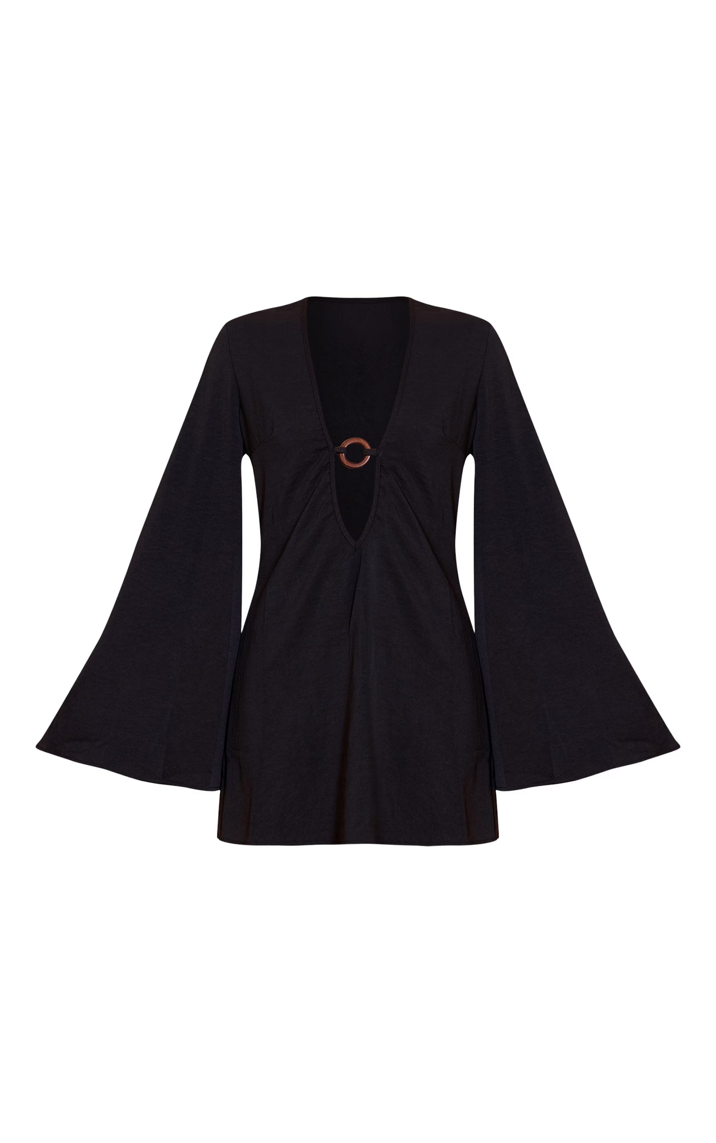 Black Floaty Woven Plunge Ring Detail A Line Mini Dress