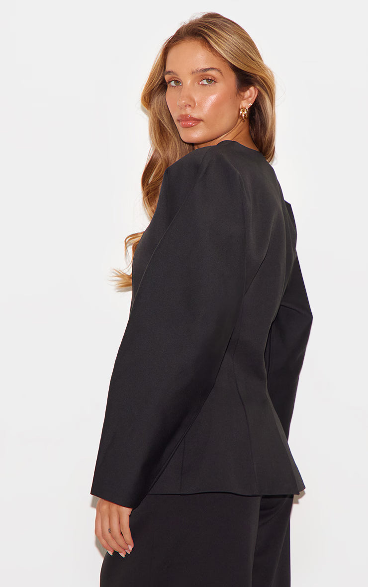 Black Premium Woven Tailored Collarless Detail Blazer