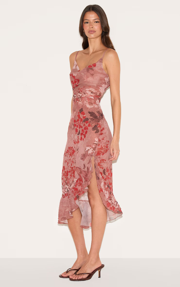 Mushroom Chiffon Floral Cowl Neck Midi Dress