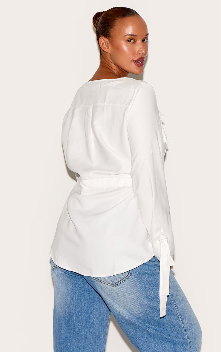Plus White Faux Suede Cargo Ruched Waist Shirt